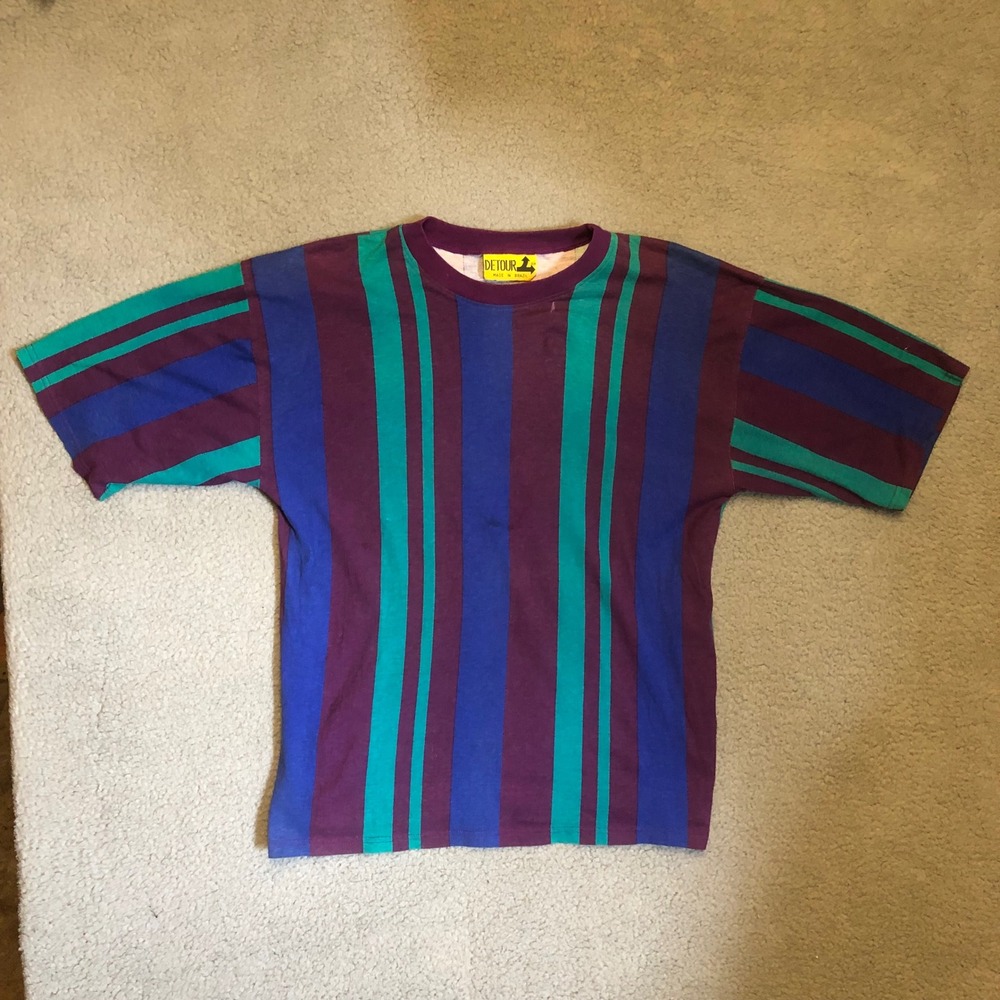 Vintage 90s Detour Vertical Stripe T-Shirt Made in Brazil Purple Blue Teal L